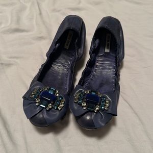 Miu Miu Navy Blue Leather Flats with Jewel Toes